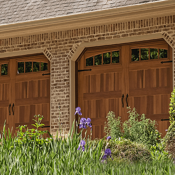 Stamped Carriage Short Garage Door shown in accents Woodtones Cedar