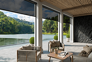 Tranquil 2.0 Window Screen on House Looking Over a Lake.